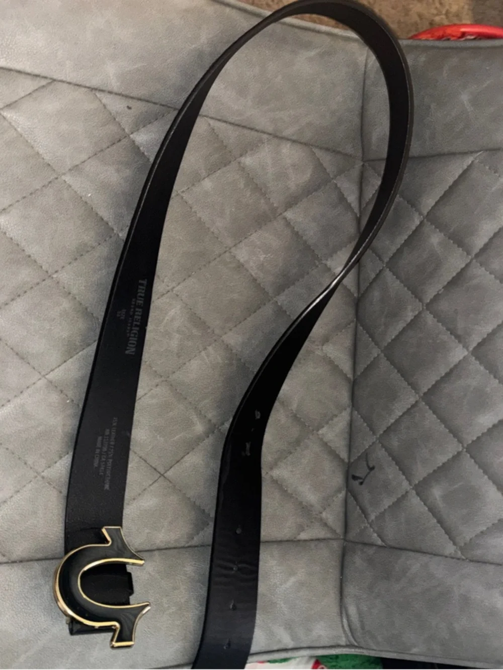 True Religion Black Leather Belt with Gold Horseshoe Buckle